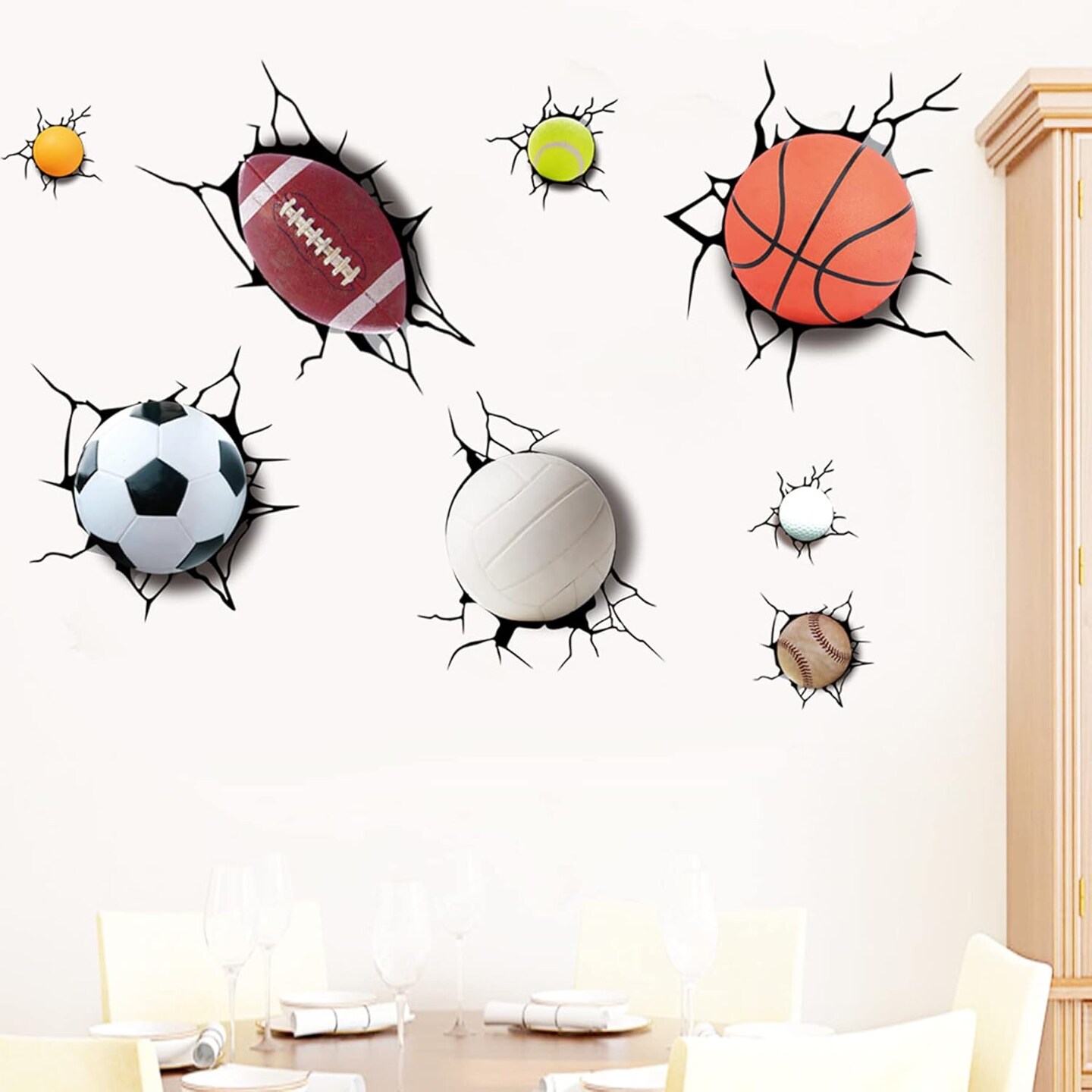3D Sport Balls Wall Sticker Cracked Wall Sticker for Kids Living Room Decoration Detachable Wall Stickers Including Football, Basketball, Volleyball, Rugby, Tennis, Snooker, Bowling, Baseball