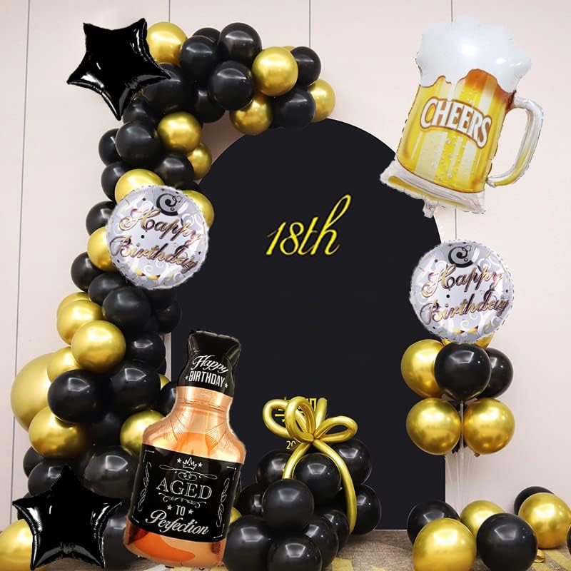 Beer Cup Balloons Set of 6 - Whiskey Bottle &#x26; Beer Mug Shaped Mylar Foil &#x26; Latex Black Golden Pentagram Balloons - Summer Party, Festival, Birthday &#x26; More