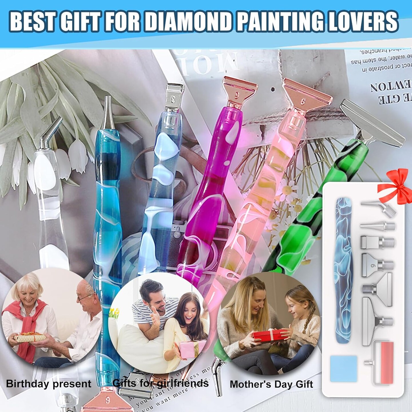 14PCS Diamond Painting Pen Accessories Tools Set, Exquisite Stainless Steel Metal Pen Tips,Ergonomic Diamond Art Pen and 6 Painting Glue Clay,Comfort Grip and Faster Drilling