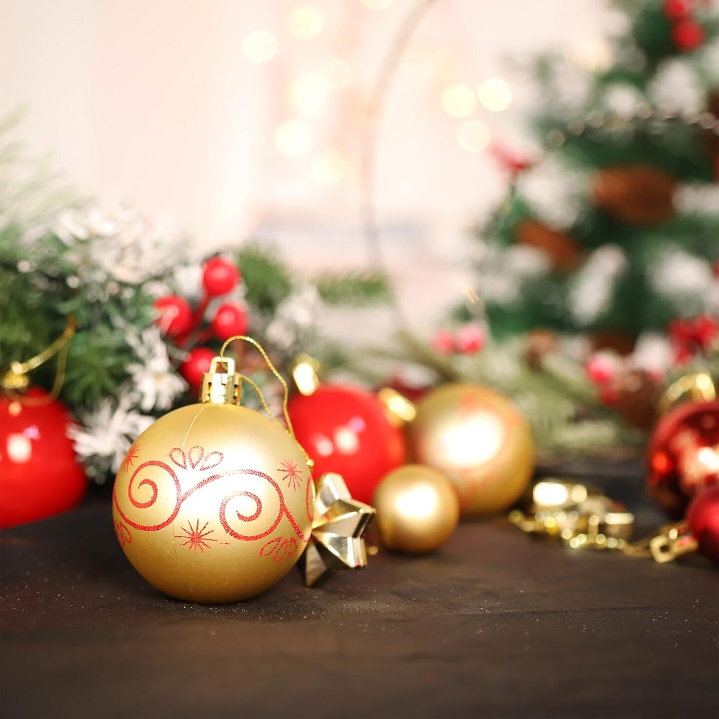 44Pcs Christmas Ball Gold and Red Christmas Ornaments Set for Garden Backyard Holiday Wedding Party Decor with 12 pcs 2.36” Large and 32 pcs 1.18” Mini Christmas Decorations Ornaments Bulk Balls