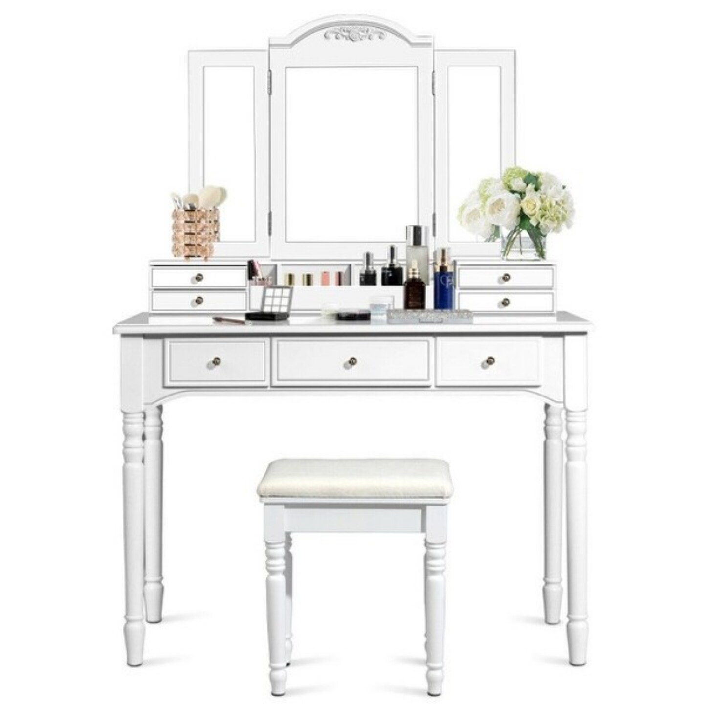 Makeup Dressing Table with Tri-Folding Mirror and Cushioned Stool Perfect for Women