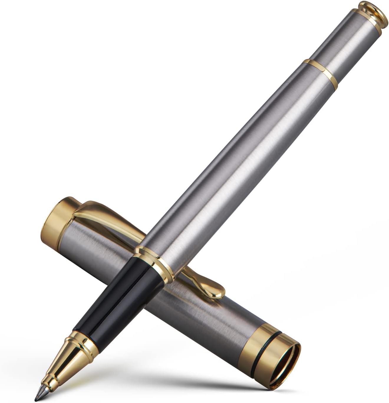Ballpoint Pens, Stunning Silver Chrome Metal Pen with Golden Trim, Best Ball Pen Gift Set for Men &#x26; Women, Professional, Executive, Office, Nice Pens-Gift Box with 0.5mm Extra Black Refill