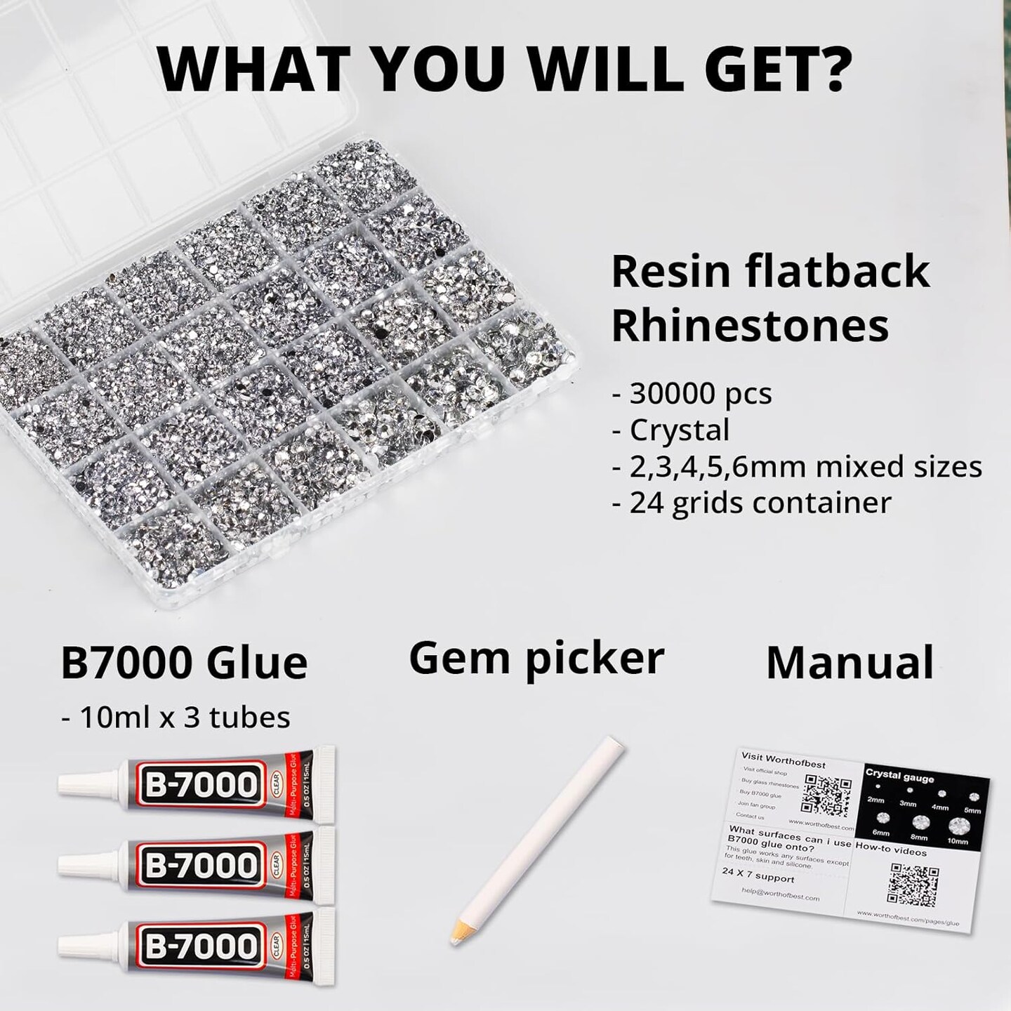 30000Pcs Resin Rhinestones for Crafting Bedazzling, Silver Clear Flatback Gem Jewels for Crafts Clothing Clothes Shoes Fabric Tumbler Nails, Flat Back Mixed Sizes Crystal Bedazzler Kit with b7000 Glue