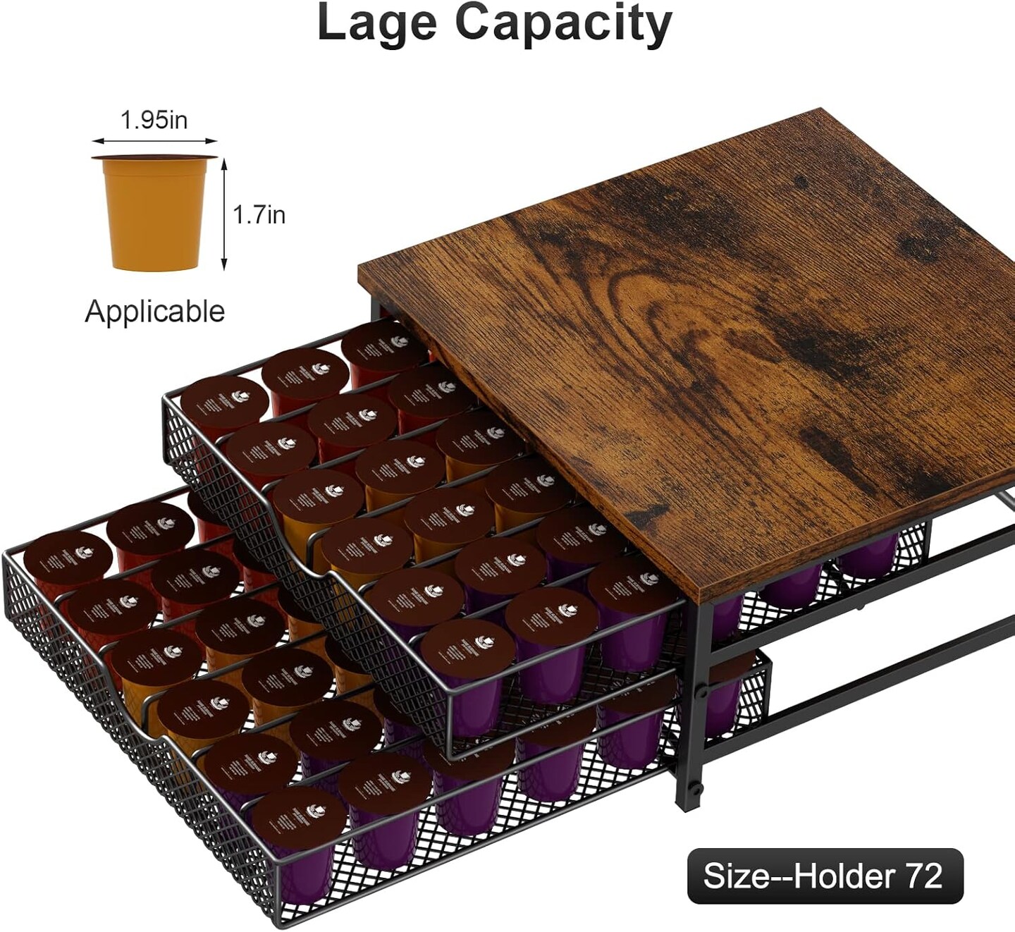 2-Tier Industrial Coffee Pod Storage Drawer Organizer &#x2013; Sturdy Metal &#x26; Wood Construction, 72 K-Cup Capacity, Space-Saving Design for Countertop/Cabinet