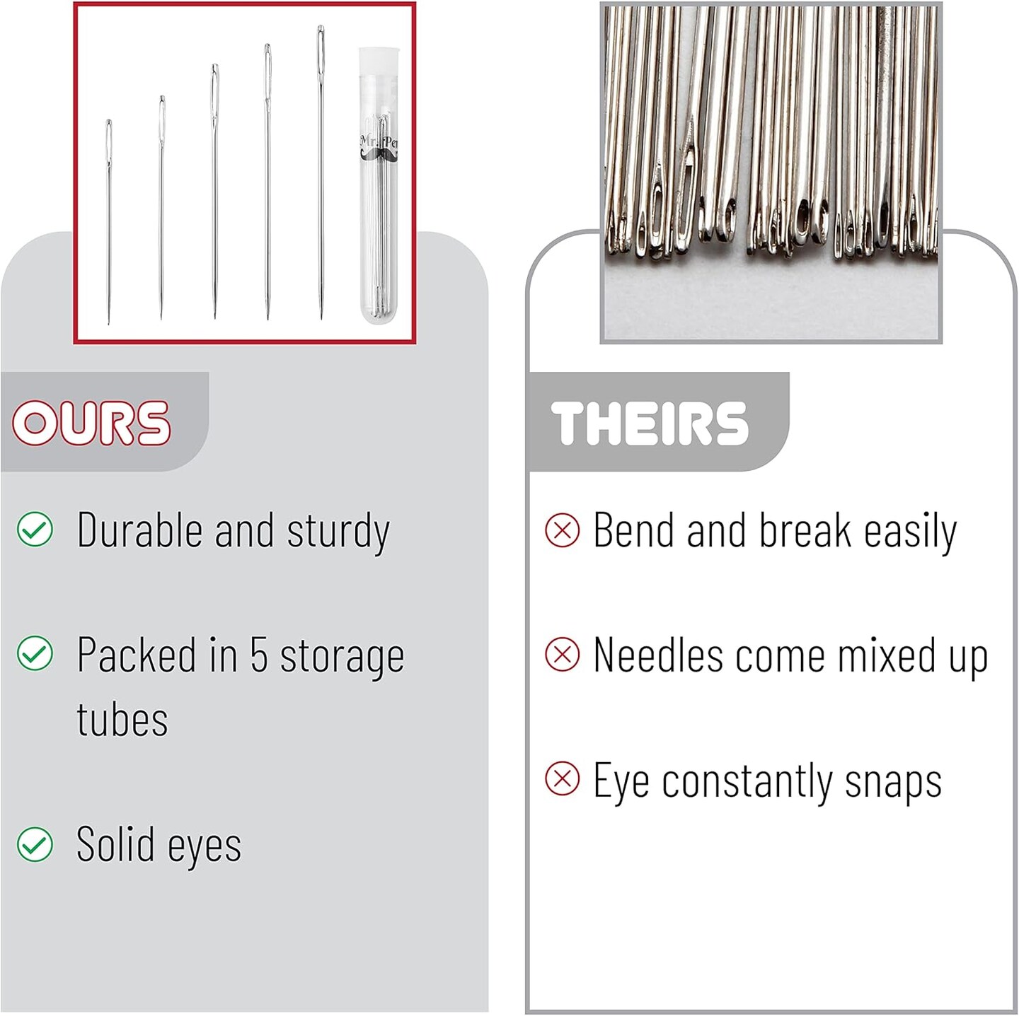 Large Eye Needles for Hand Sewing, 50 Pack, Assorted Sizes, Sewing Needles, Needles, Needles for Sewing, Embroidery Needles for Hand Sewing, Sewing Needles Large Eye