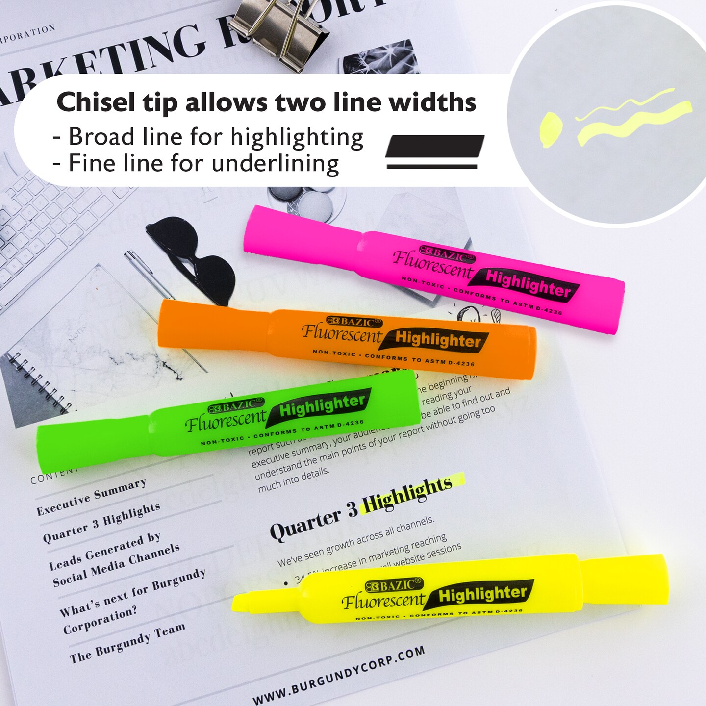 BAZIC Desk Style Fluorescent Highlighters (4/Pack)