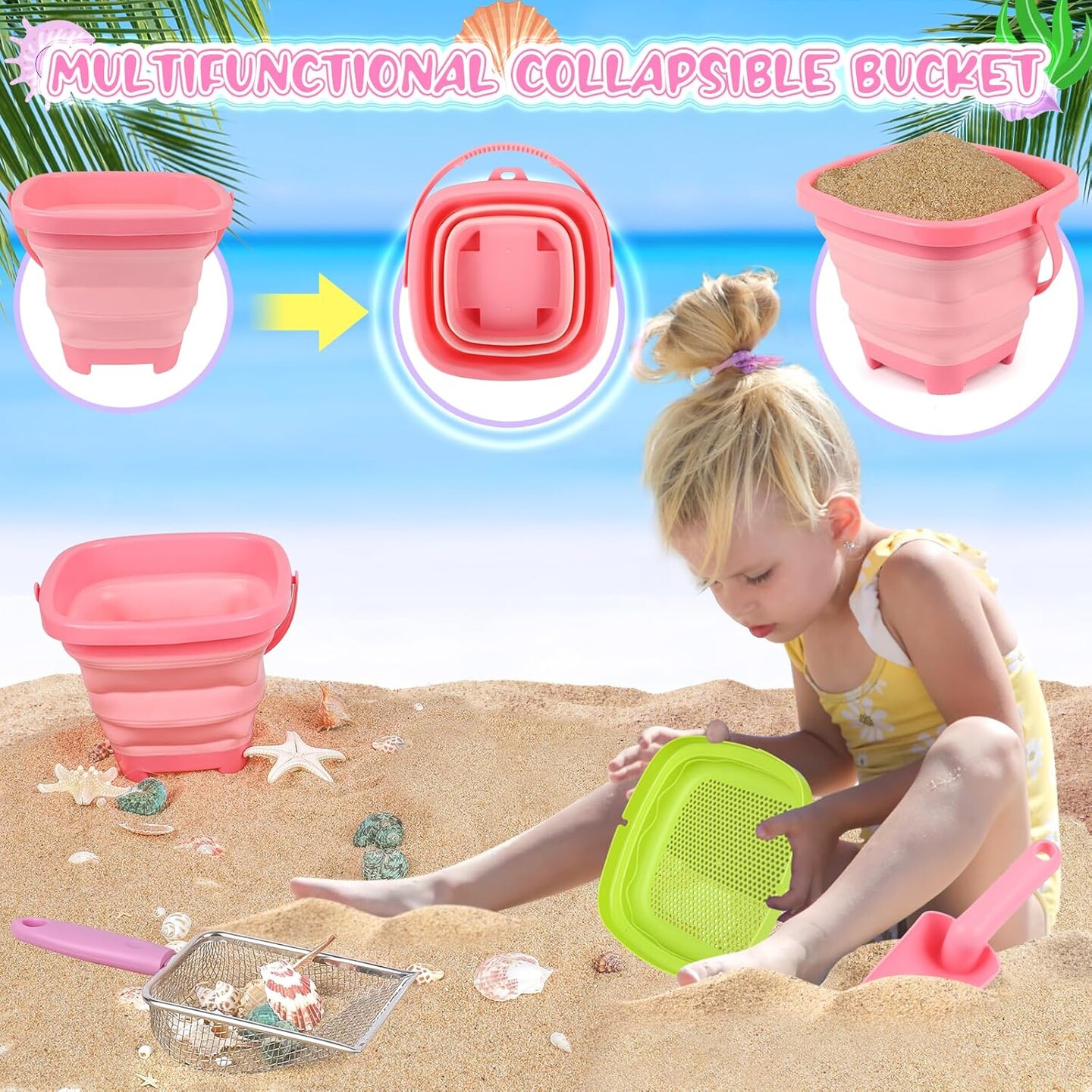 Summer Beach Toys, Sand Toys with Collapsible Beach Bucket, Beach Mesh Shovel, Sand Sifter and Mesh Bag for Shell Collecting, Shark Tooth Sifter Sand Dipper Beach Scoop for Kids Adults Boys Girls