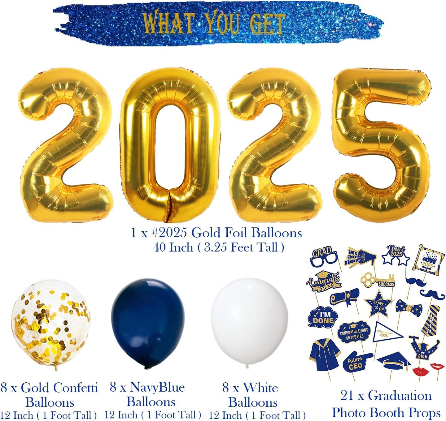Graduation Party Supplies 2025 Decorations Kit, Gold 2025 Balloons, Graduation Photo Booth Props 2025, Navy Blue Gold and White Balloons Set, Class of 2025, Congrats Grad