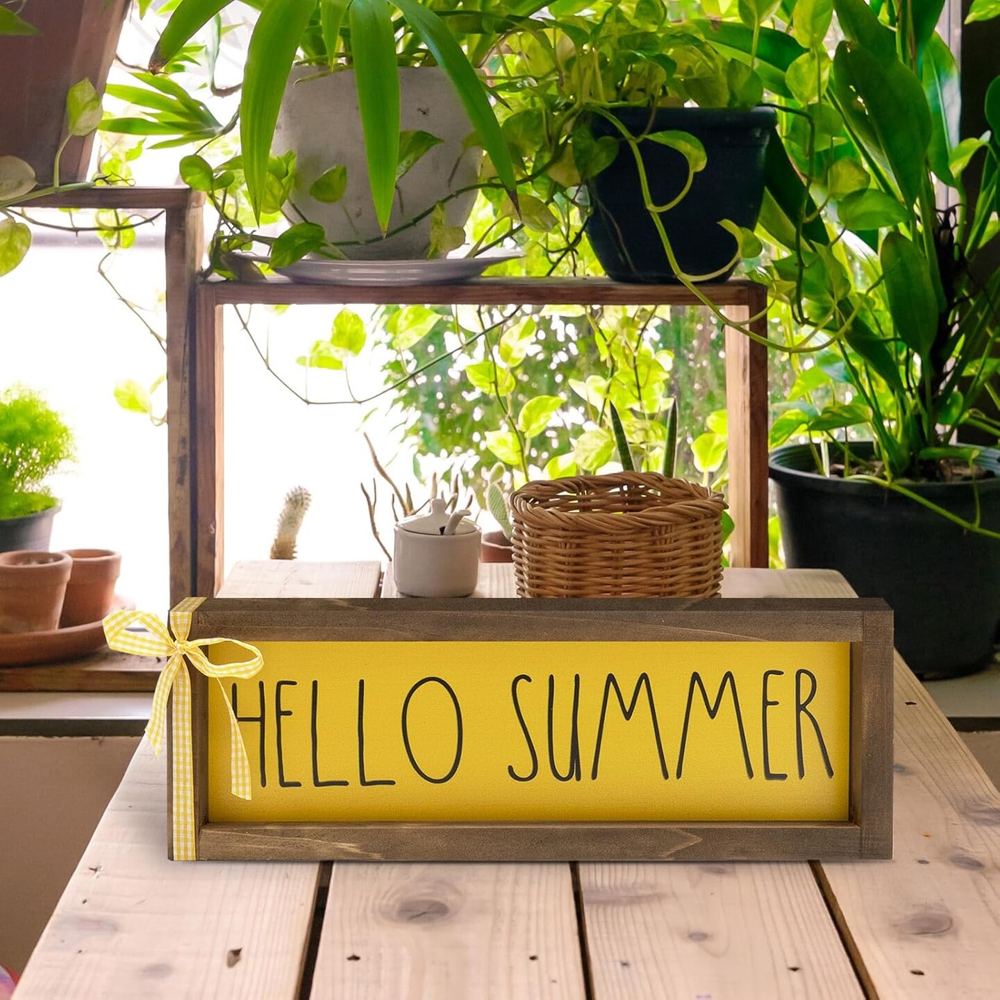 Hello Summer Wooden Sign – Rustic Farmhouse Summer Home Decor for Mantle, Shelf, Tabletop & Office Display