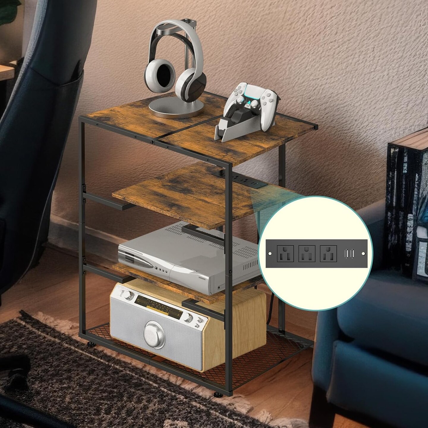 4-Tier Brown AV Media Stand with Charging Station - Corner Stereo Cabinet for Record Players, Game Consoles, TVs (24.4&#x22;W/62cm x 27.6&#x22;H/70cm)