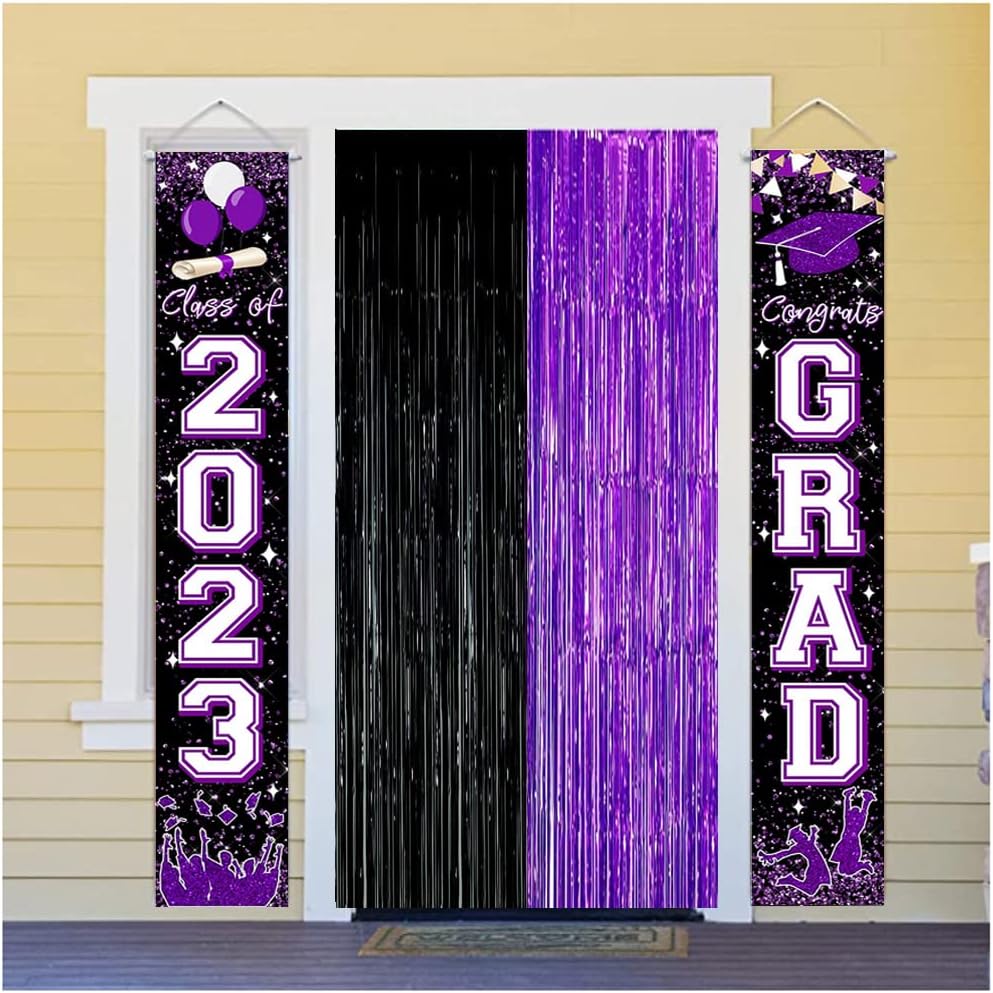 Graduation Decorations 2025 Purple Black Foil Fringe Backdrops, Black Purple Party Decorations Streamer Tinsel Curtains for Graduation Birthday Halloween Party(3 Pack)