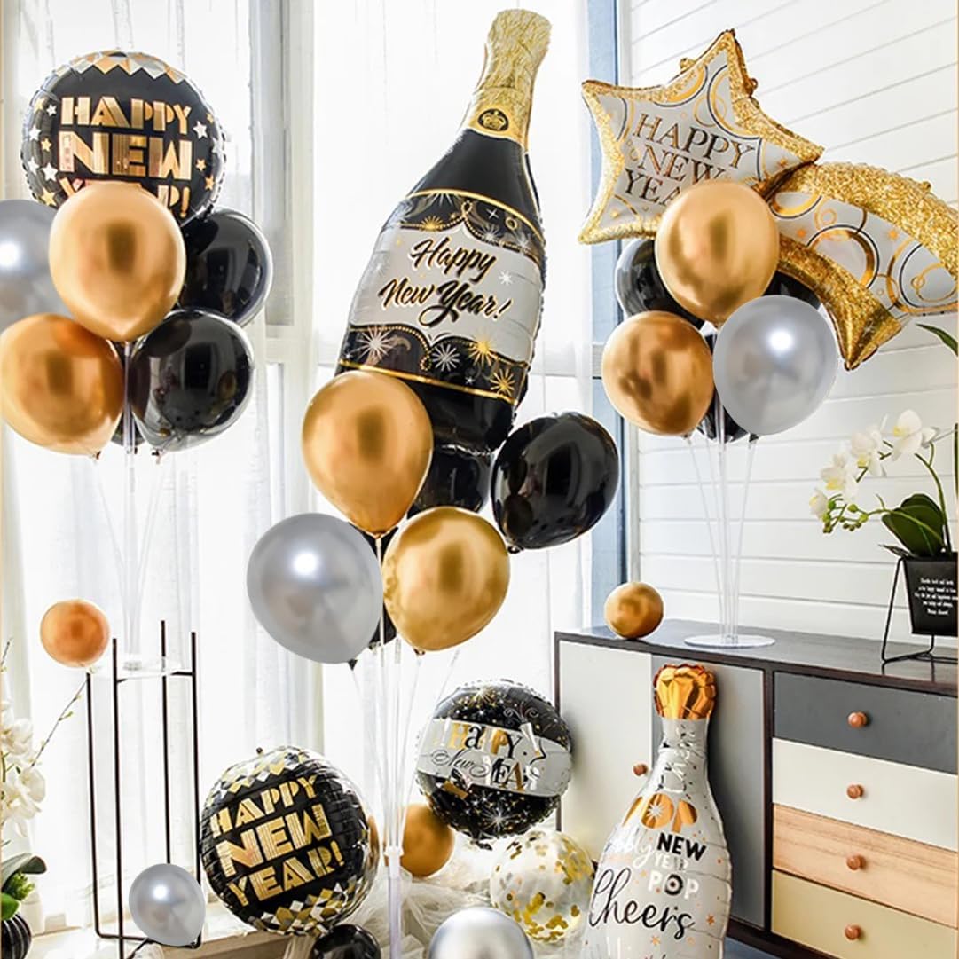 Black Gold Silver Balloons Set, 60 Pcs 12 Inch Metallic Chrome Gold Silver Balloons Black Silver Gold Balloons for Birthday, New Year, Wedding Party Decoration