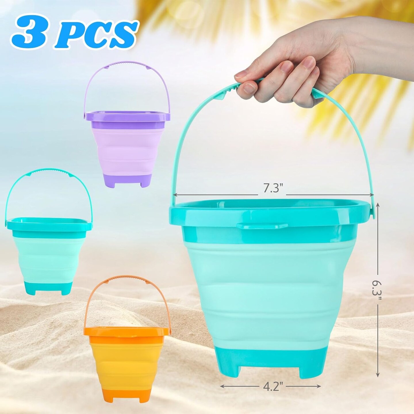 3Set Collapsible Beach Buckets, Foldable Sand Toys Easter Buckets for Kids, for Toddlers Outdoor Activities, Beach Fun Summer Vacation