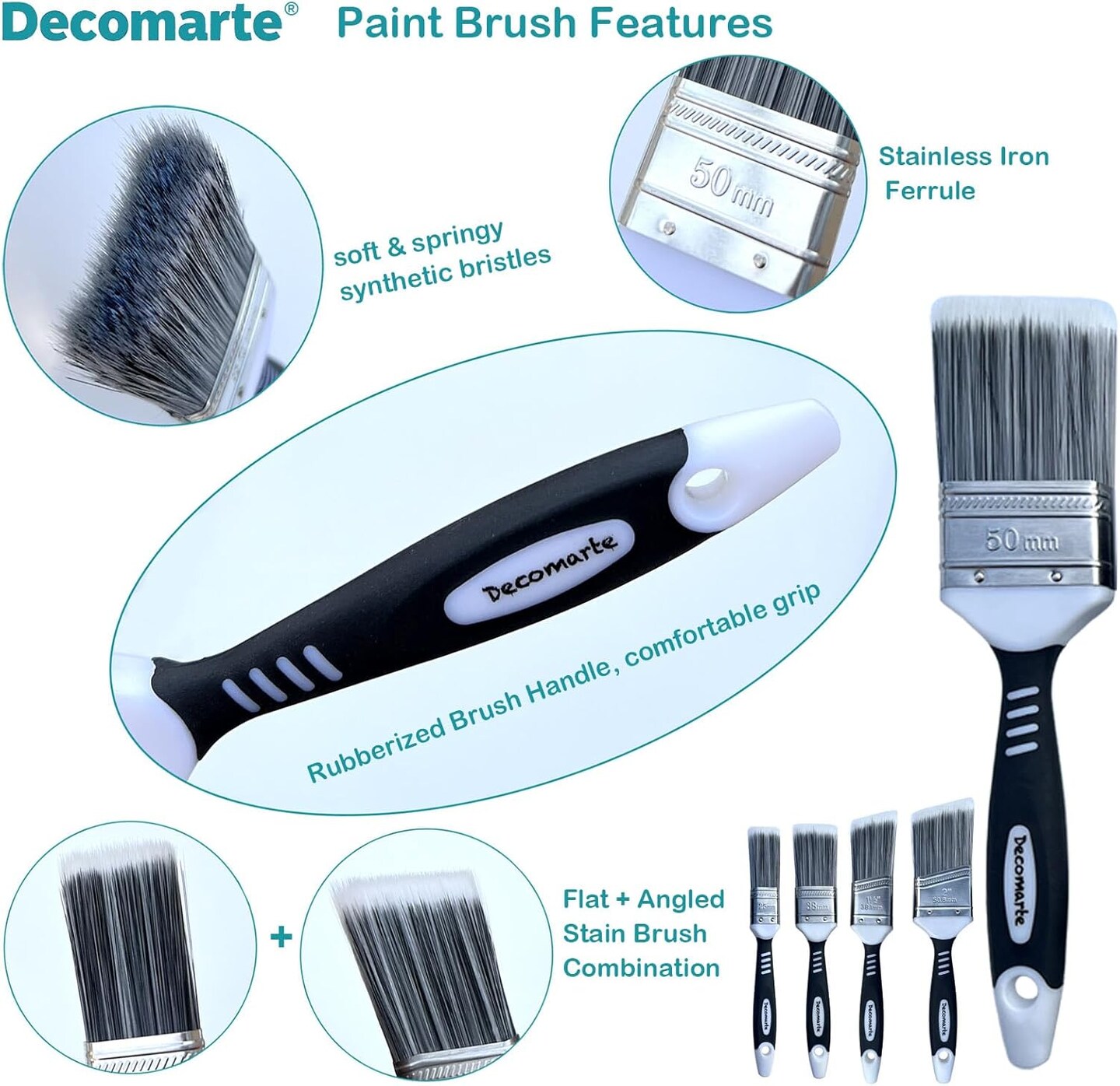 Paint Brush Set for Painting Cabinets, Small Fence Wall Stain Brushes Assortment, Smooth Synthetic Short Bristle Paintbrushes with Soft Grips &#x2013; Double Thick Chip Brush Variety- Pack of 5
