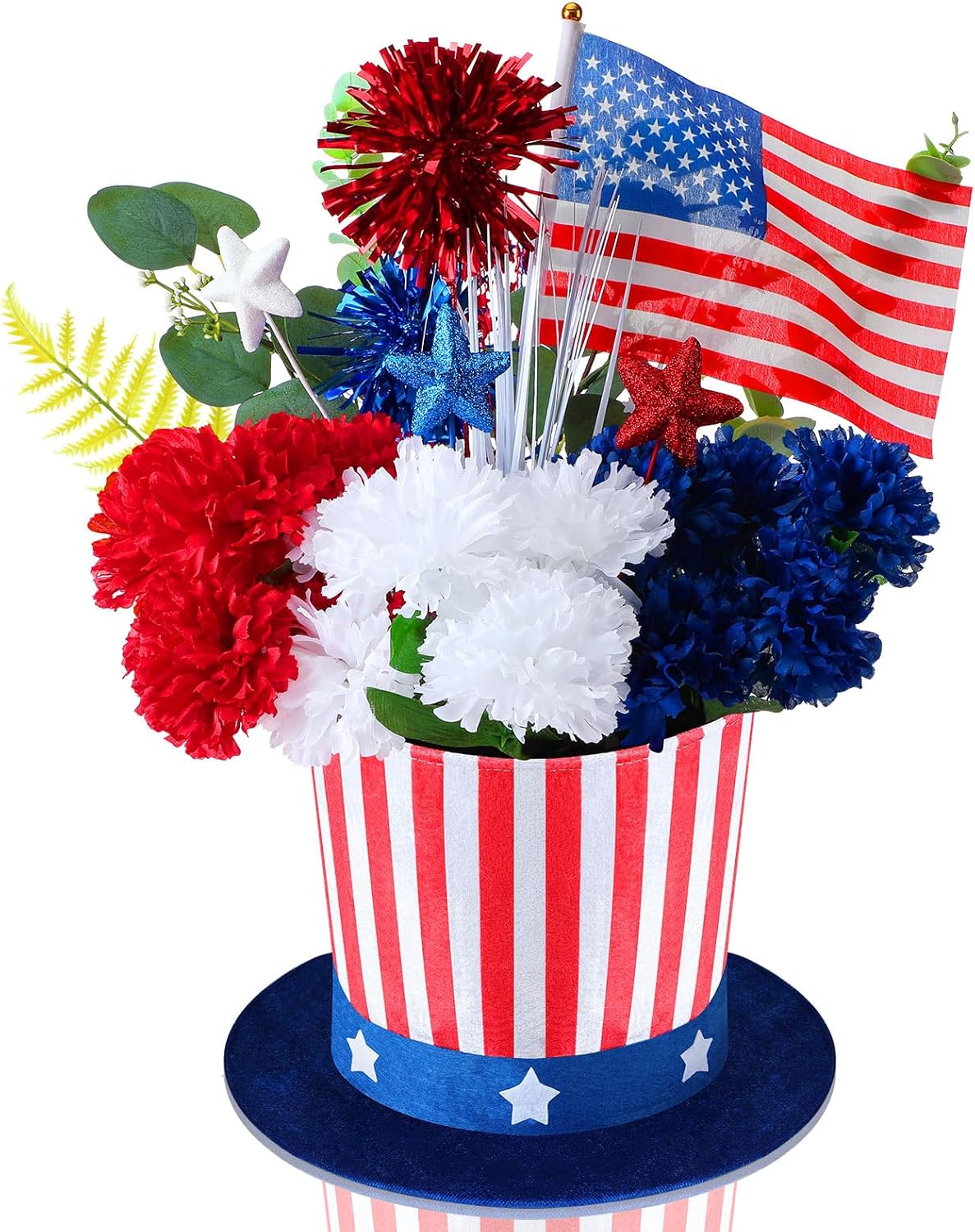 Patriotic Labor Day centerpiece with red, white, blue flowers in USA hat vases.