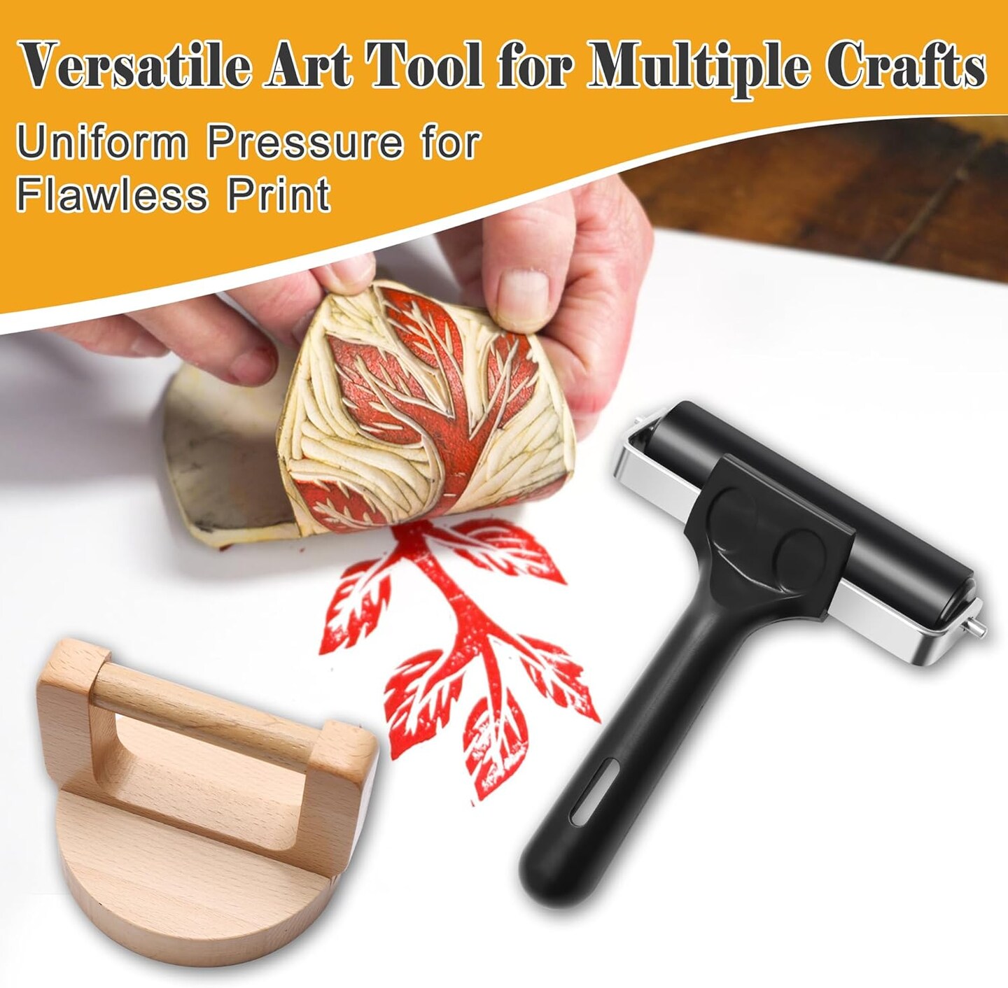 1+1 Pcs Wooden Block Printing Baren with Rubber Brayer Roller, Block Printing Press Kit for Crafting, Printing, Inking, Stamping, Linocut