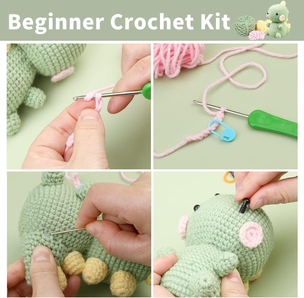 Beginners Crochet Kit, Crochet Animal Kit, Knitting Kit with Yarn, Polyester Fiber, Crochet Hooks, Step-by-Step Instructions Video, Crochet Starter Kit for Beginner DIY Craft Art (Dinosaur)
