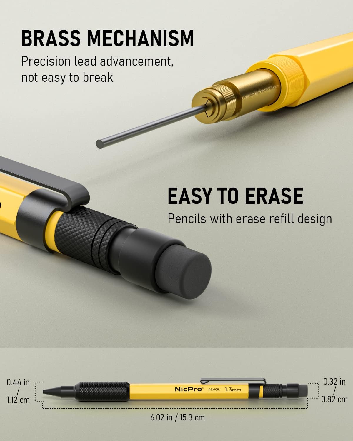 3 PCS 1.3 mm Mechanical Pencil Set with 72 Lead Refills, 3 Eraser - Weatherproof Metal Barrel, Heavy Duty Carpenter Pencil MP2000 for Outdoor Marking Drafting Drawing Woodworking - with Case