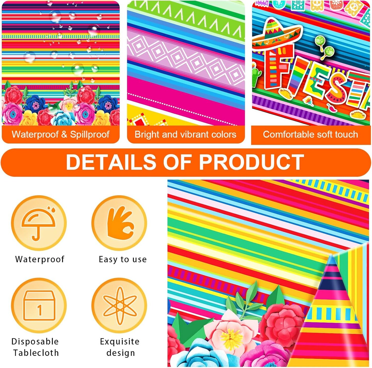 3-Pack Mexican Fiesta Disposable Tablecloths, 108×54 in, Floral Stripes