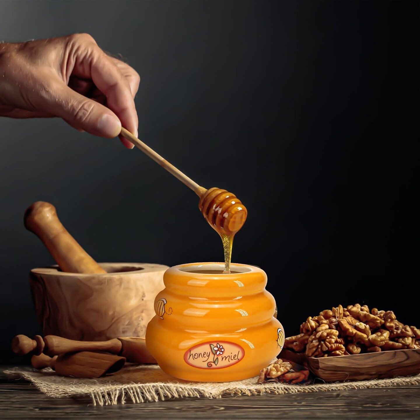 Ceramic Honey Pot with Wooden Dipper - Small Bee Hive Jar Honey Storage with Lid Stir Bar (5 Oz) - Farmhouse Kitchen Decor, Tea Accessories, Dishwasher Safe Honey Dispenser Kitchen Supplies