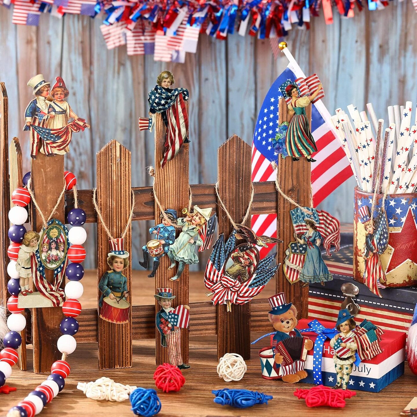 24 Pcs 4th of July Ornaments Vintage Patriotic Tree Ornaments Wooden Memorial Day Decorations Red White Blue Hanging Ornament for Small Tree Independence Day Party Decor(Warm)
