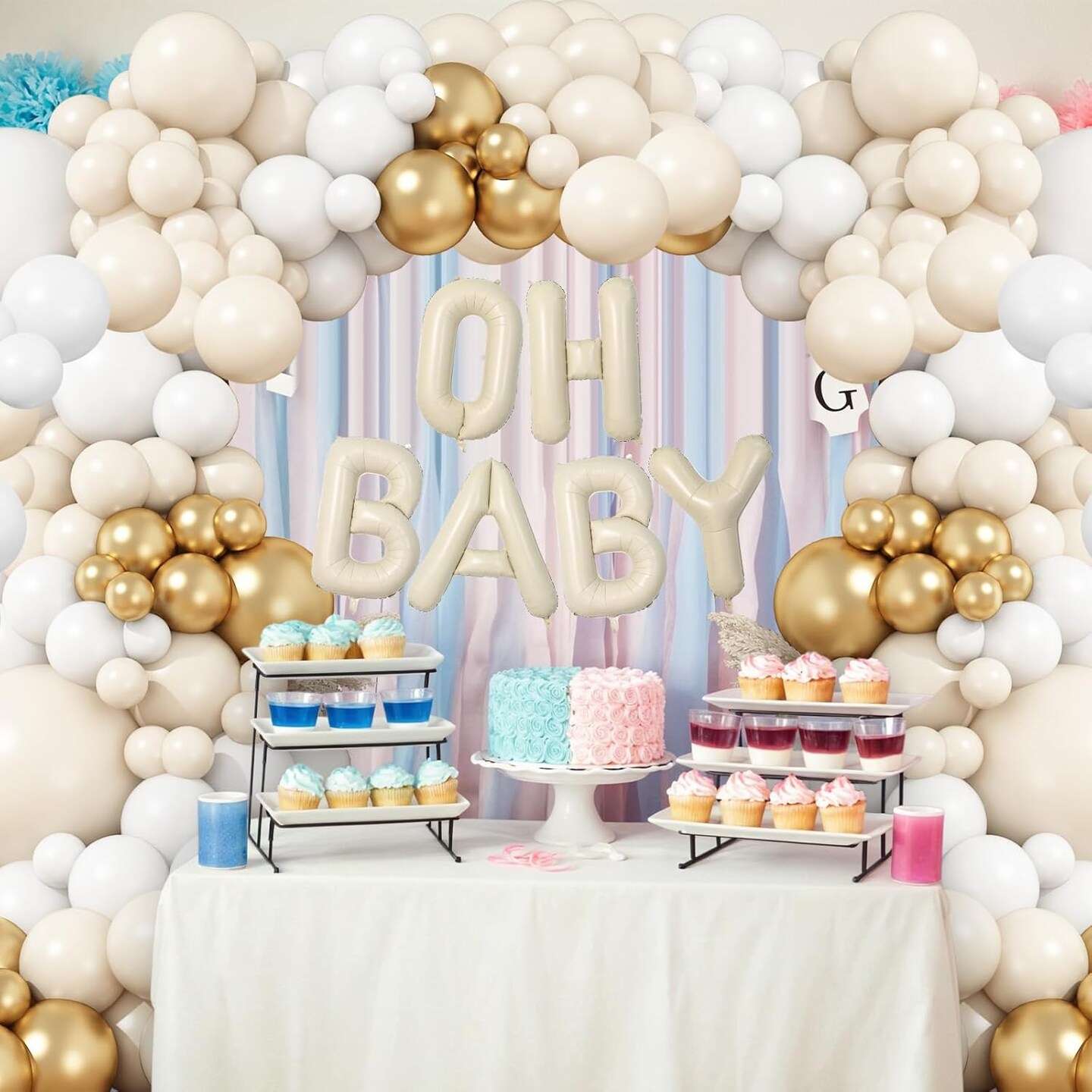 White Sand Gold Balloons Garland Arch Kit,Baby Shower Decorations Boy Girl with Oh Baby Balloon Banner for Boho Neutral Oh Baby Shower Birthday Gender Reveal Party Decoration