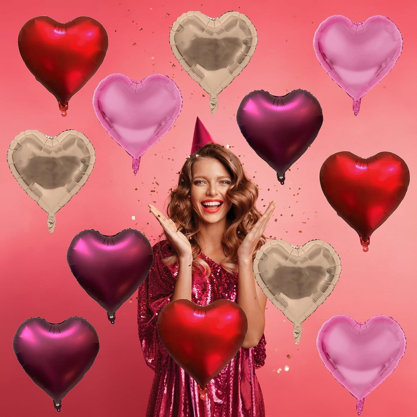 Wine Red Heart Balloons, 18 Inch 12 Pcs Burgundy Red and Pink Foil Heart Balloons Red and Rose Gold Heart Shape Mylar Balloons