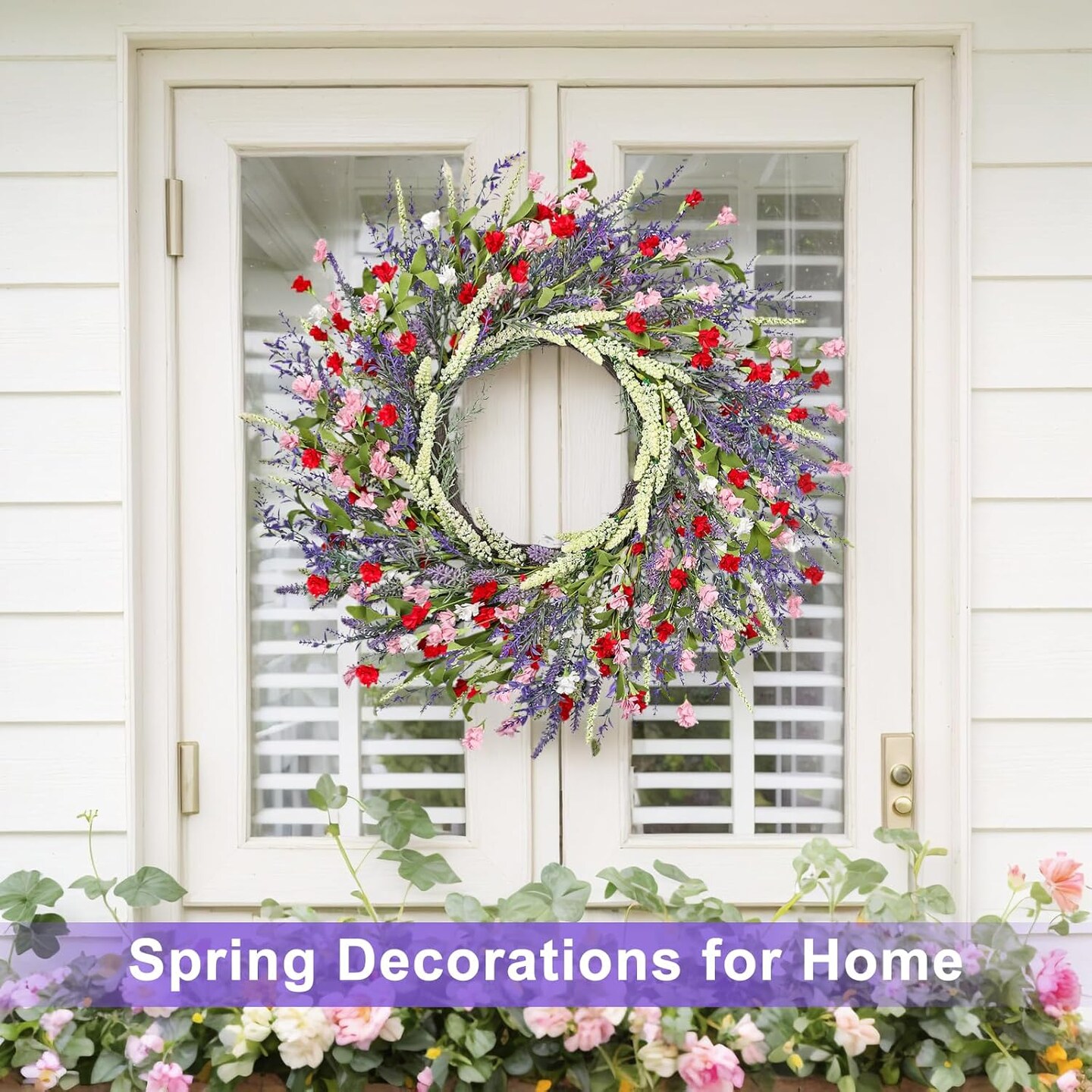 26 Inch Lavender Wreath Summer Wreaths for Front Door Wreaths for Front Door for Wedding Farmhouse (Red Pink Lavender)