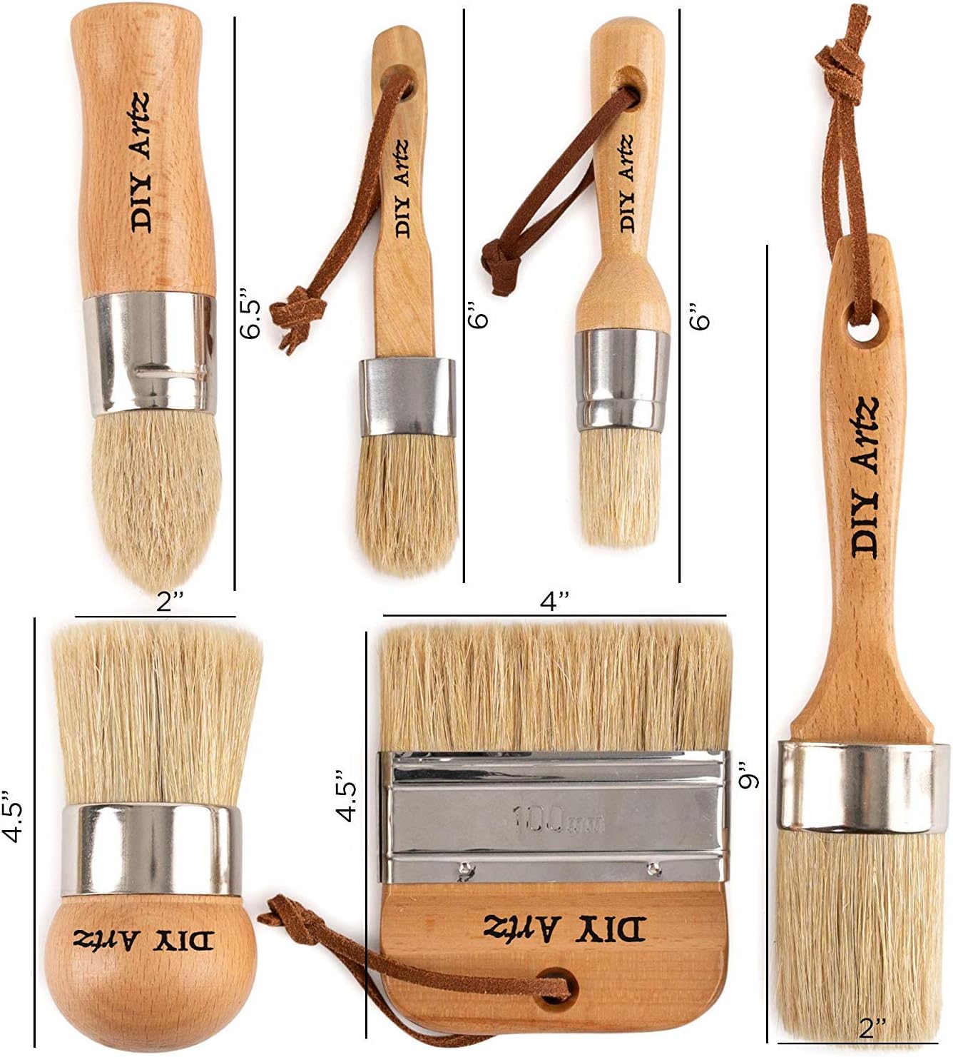 Chalk &#x26; Wax Paint Brush (Set of 6) for Waxing &#x26; Painting Projects &#x2013; 100% Natural Boar Bristles, Ergonomic Handles, Minimum Shedding &#x2013; Smooth Coverage for Furniture, Milk Paint &#x26; Stencil by Diyartz