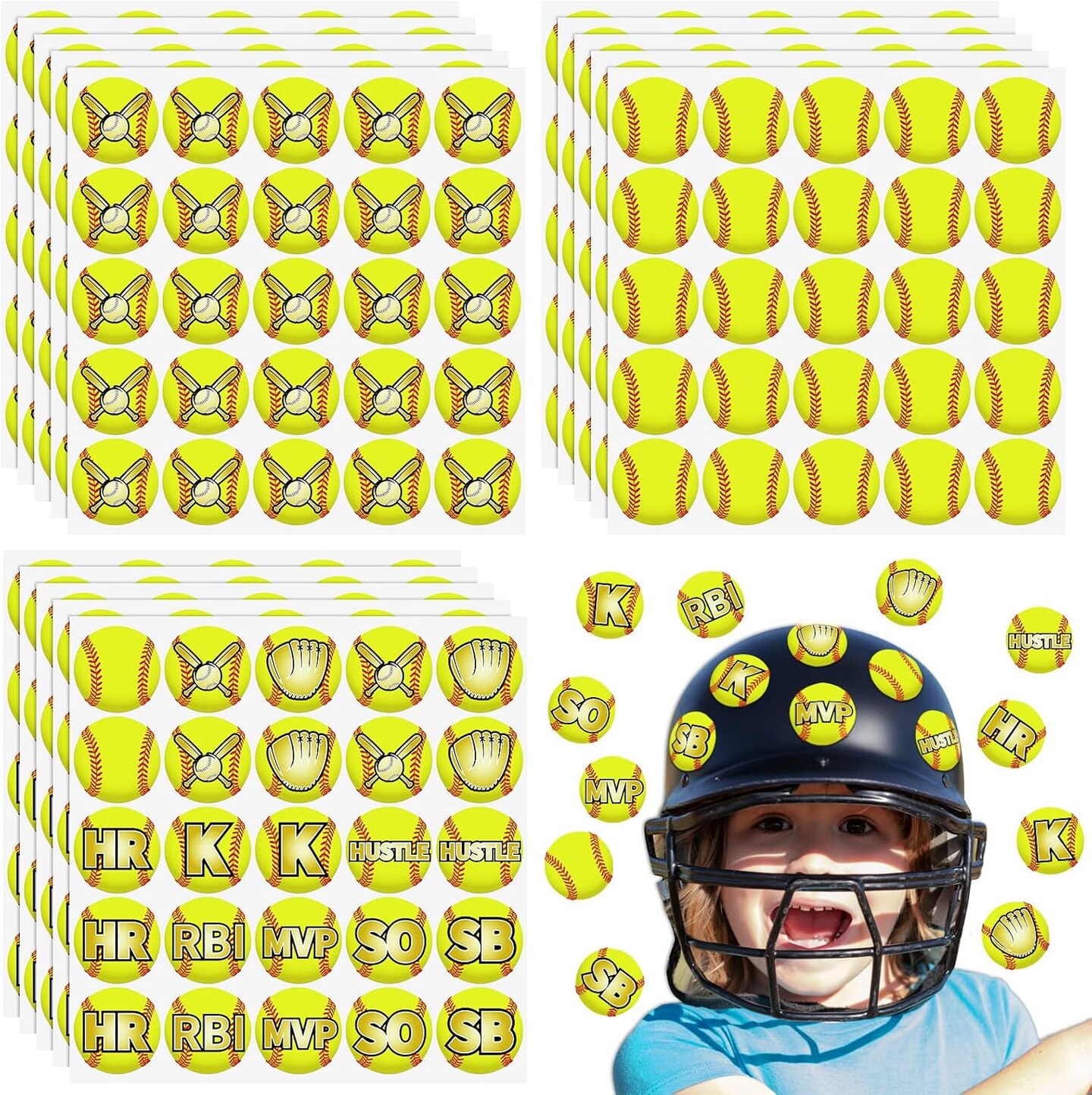 375 Pcs Softball Helmet Decals Award Self Adhesive Baseball Helmet Stickers Softball Baseball Decals Accessories for Girls Boys Women Men