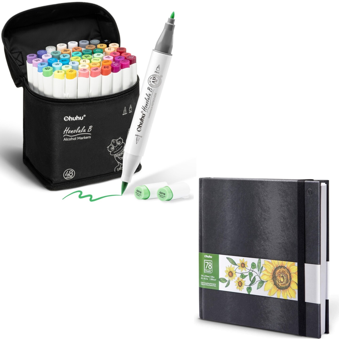 Ohuhu Honolulu B 48 Colors Alcohol Markers + 8.3"x8.3" Sketchbook Marker Paper Pad