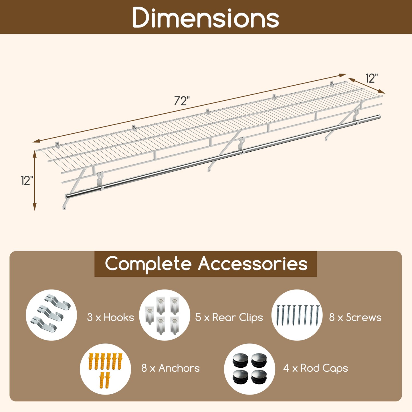 Closet Wall Shelf Metal with Hanging Rod and Hooks White 72 Inch