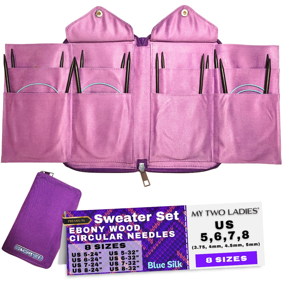 Blue Silk | Sweater Set | Ebony Circular Knitting Needles | 8 Sizes | w/custom case