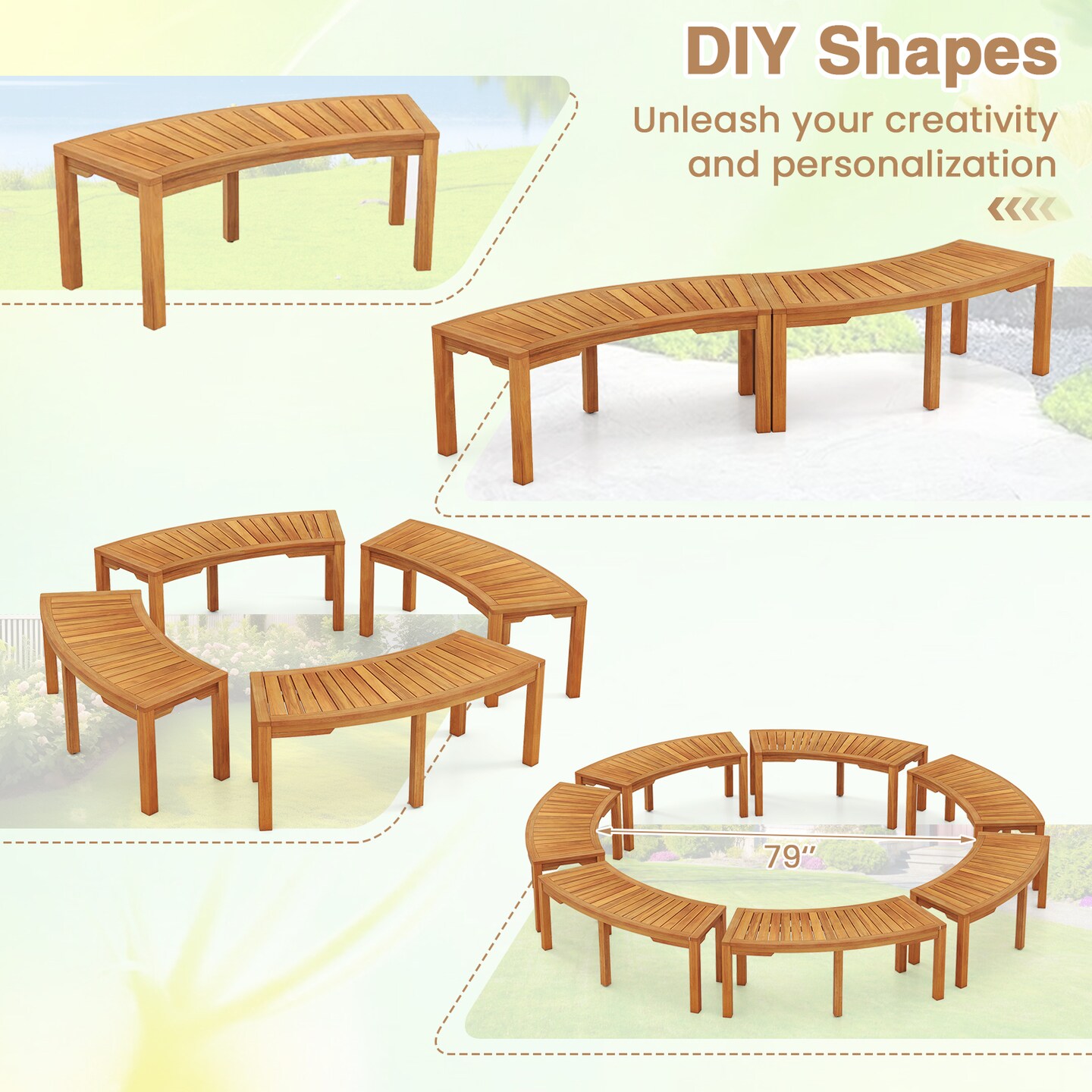 Natural Acacia Wood Garden Bench, Backless Design and Outdoor Seating