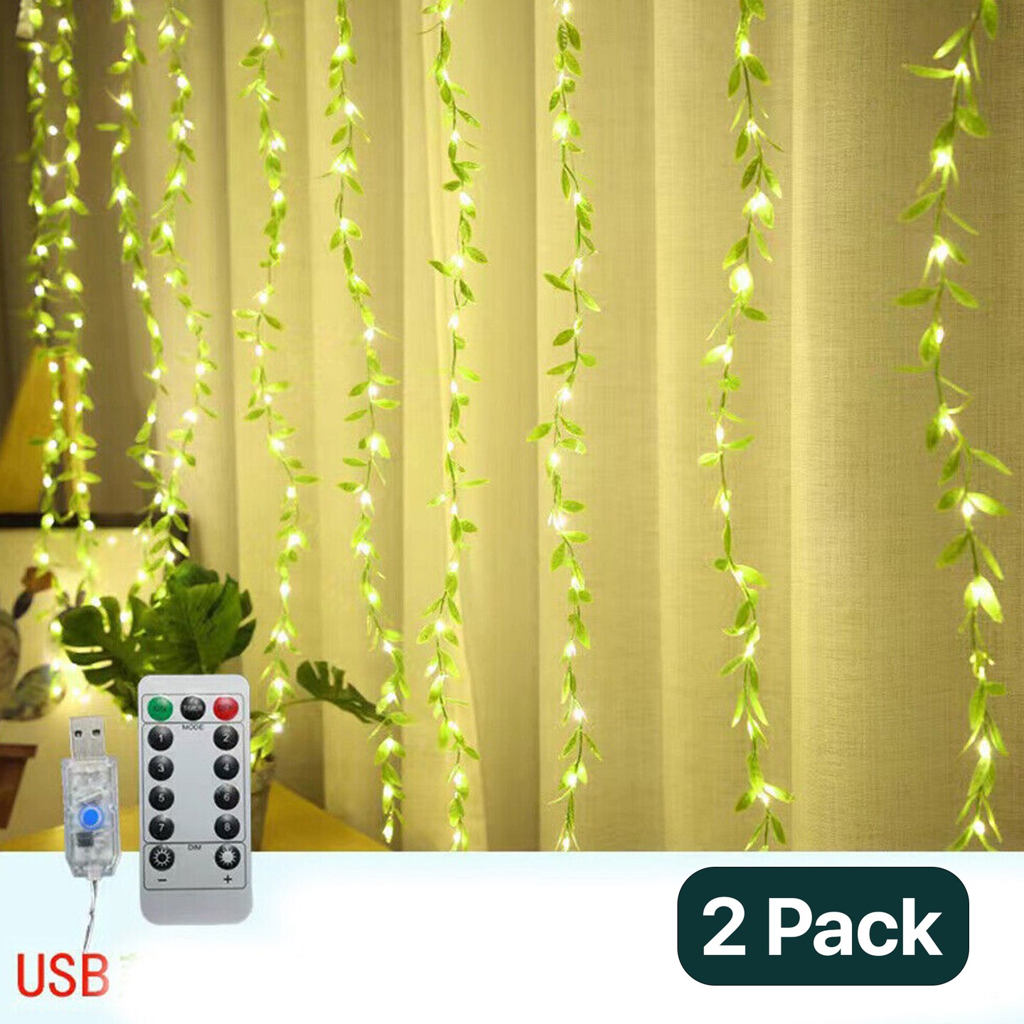 Indoor Outdoor 96 LED Green Vine Lights for Wall or Window Decor