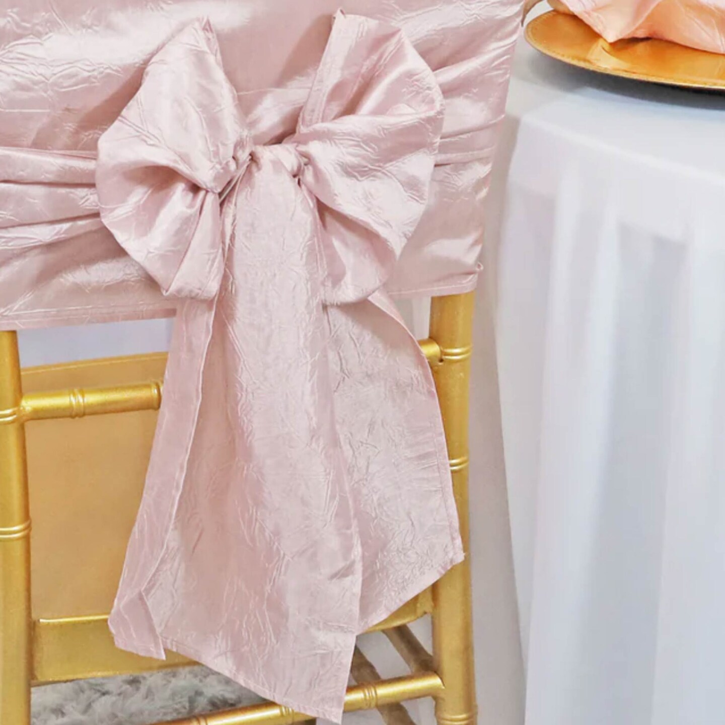 10 Pieces Blush Pink or Rose Gold Crushed Taffeta Chair Wraps 9.5&#x22;x108&#x22; Elegant Bands