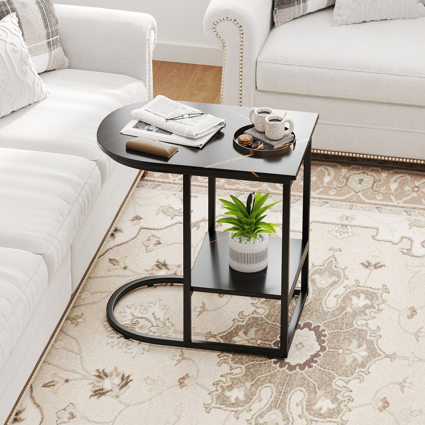 Modern C-shaped Side Table with Faux Marble Top and 2-Tier Storage Shelf