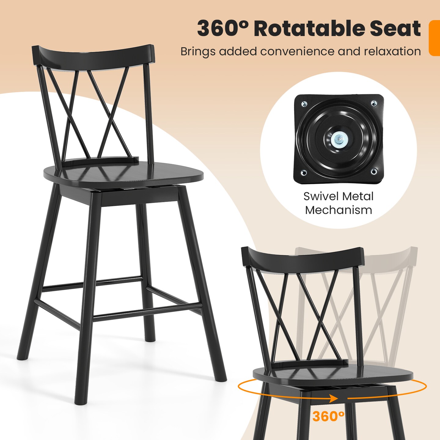 Set of 2 Windsor Bar Stools with Rubber Wood Frame and Footrests for Support