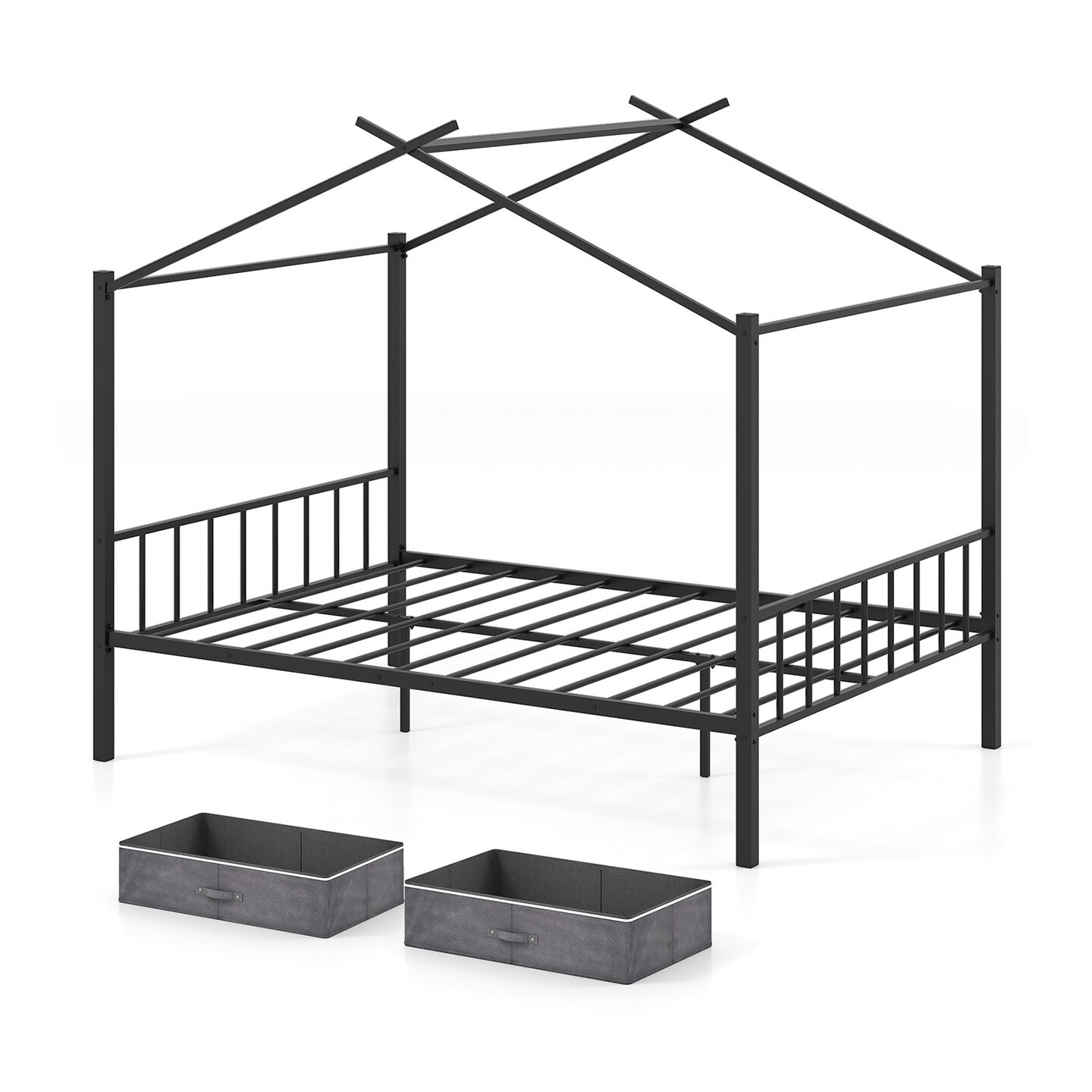 Full Size Metal House Bed with Storage Drawers, Noise-Reducing Slats and 660 lbs Capacity