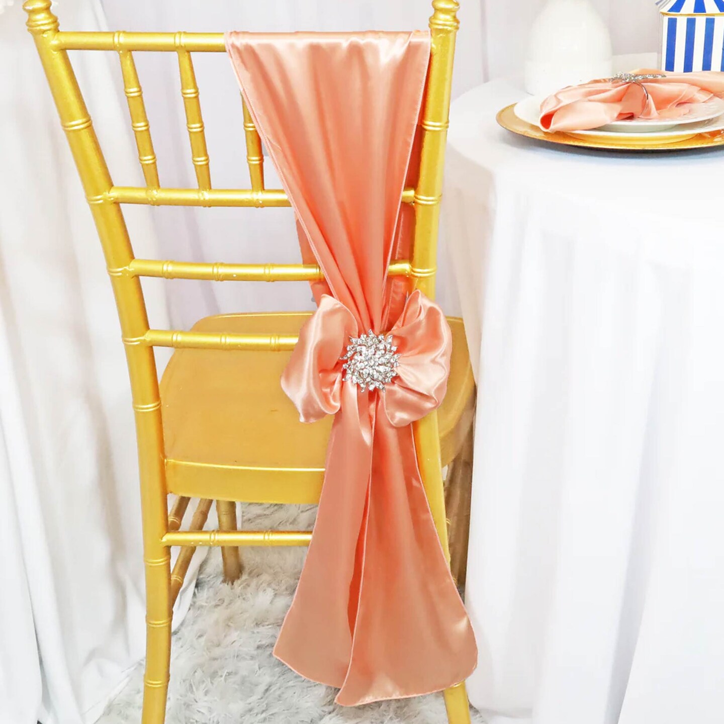 10 Pieces Apricot or Peach Satin Chair Sashes 8"x108" Elegant Wedding Decor