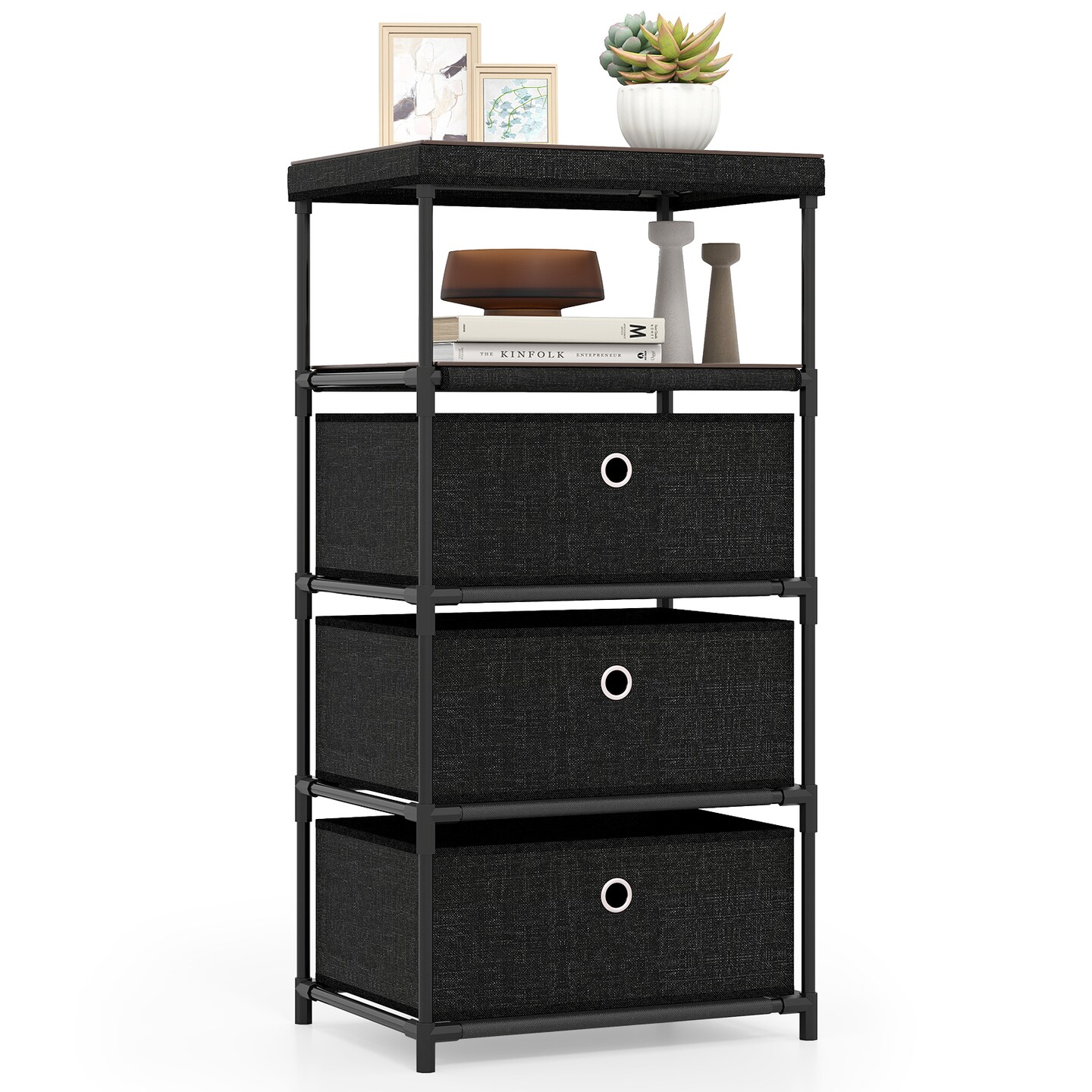 Dresser with Fabric Drawers and Metal Frame for Storage and Display Space
