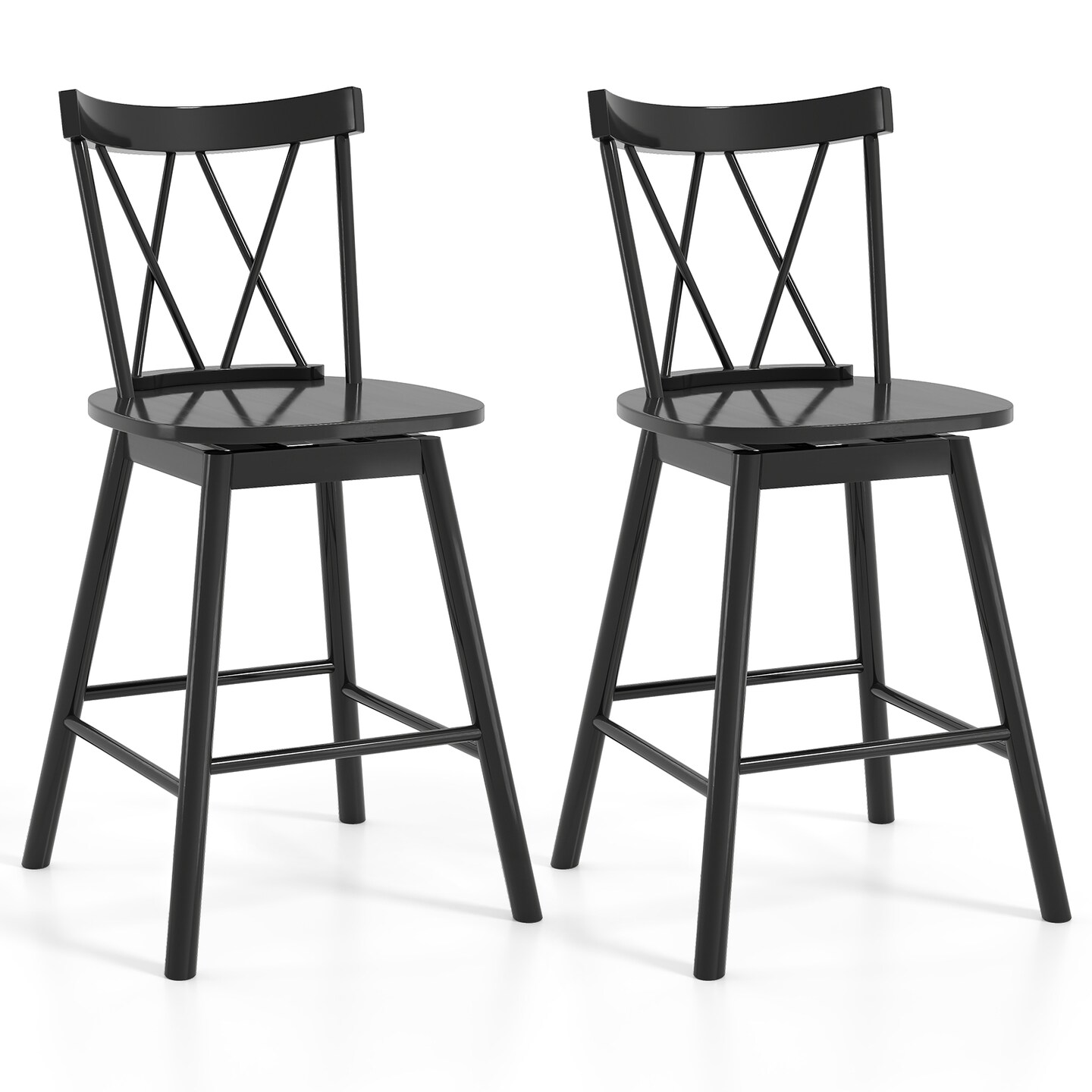 Set of 2 Windsor Bar Stools with Rubber Wood Frame and Footrests for Support