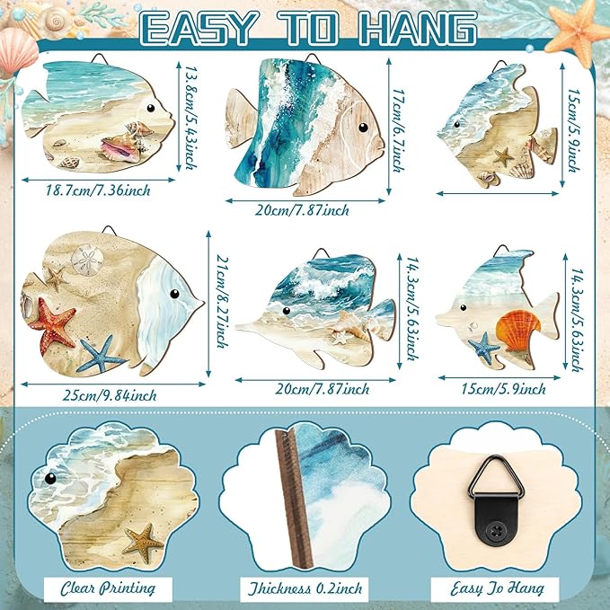 6-Piece Wooden Fish Wall Decor - Vintage Coastal Art Set - Handcrafted Beach Theme Ornaments with Hooks for Lake House, Bathroom, Pool Area, & Garden - Indoor/Outdoor Rustic Wall Art