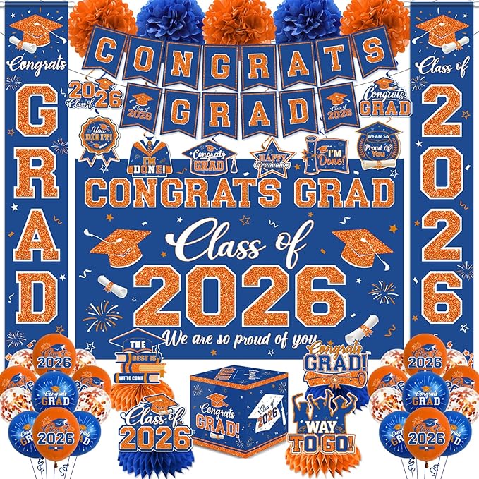 Class of 2026 Graduation Decorations Kit - Orange and Blue Congrats Grad Banner Set with 7x5ft Backdrop, Porch Signs, Hanging Swirls, Honeycomb Centerpieces, and Balloon Boxes - Complete Grad Party Supplies