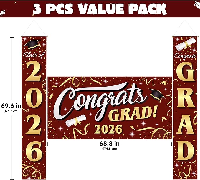 Class of 2025 Maroon & Gold Graduation Backdrop Set - 3-Piece Premium Satin "Congrats Grad" Banner Bundle - Weather-Resistant Hanging Porch Signs & Large Photo Backdrop for Indoor/Outdoor Senior Party Decor
