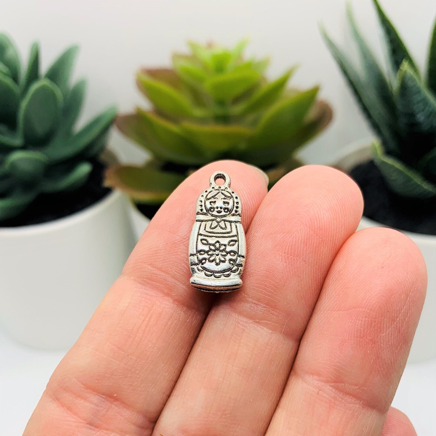 Silver Russian Nesting Doll Charms, Matryoshka Charms, 18x8.5mm