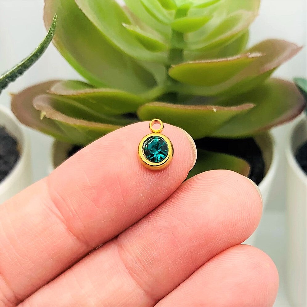 303 Stainless Steel, 18k Gold, Aqua Blue December Birthstone Rhinestone Charms, 8x6mm