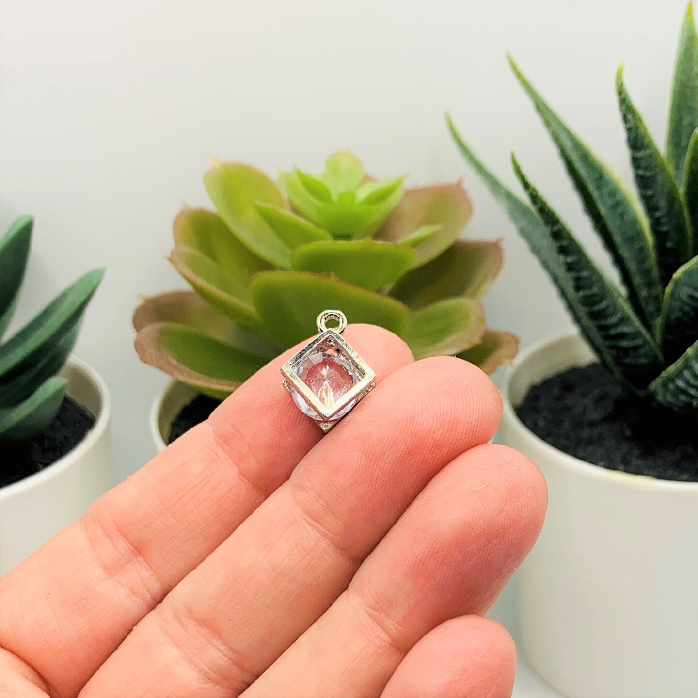 Cubic Zirconia Caged Rhombus Charms with Silver, 14x11mm