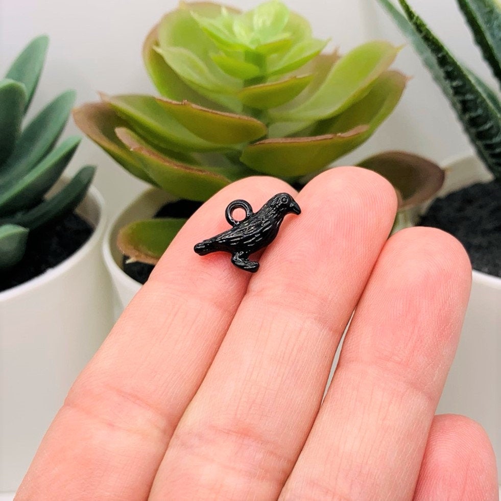 Black Raven Crow Enamel 3D Charms, 16x10mm