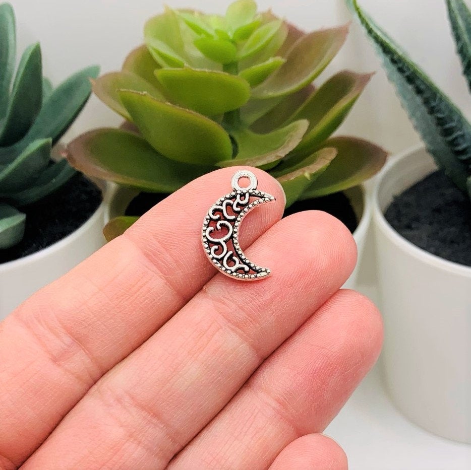 Silver Filigree Crescent Moon Charms, 18x11mm